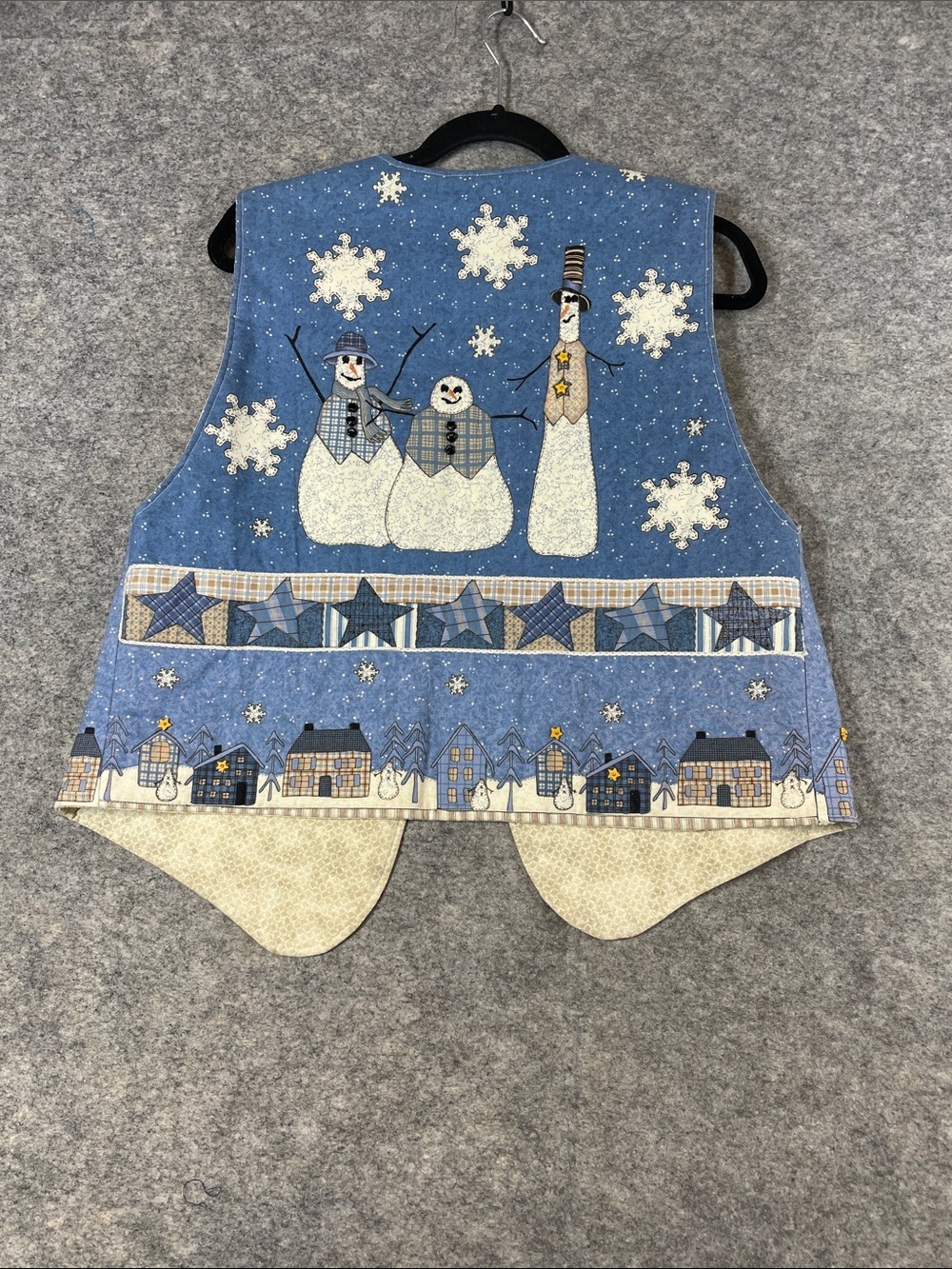 Vintage Winter Snowman Patchwork Vest Blue Cream Christmas Holiday Cottagecore - Picture 8 of 12